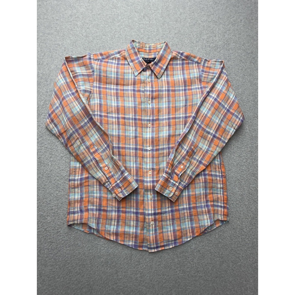 Brooks Brothers Linen Shirt Mens Large Orange Plaid Button Down Long Sleeve